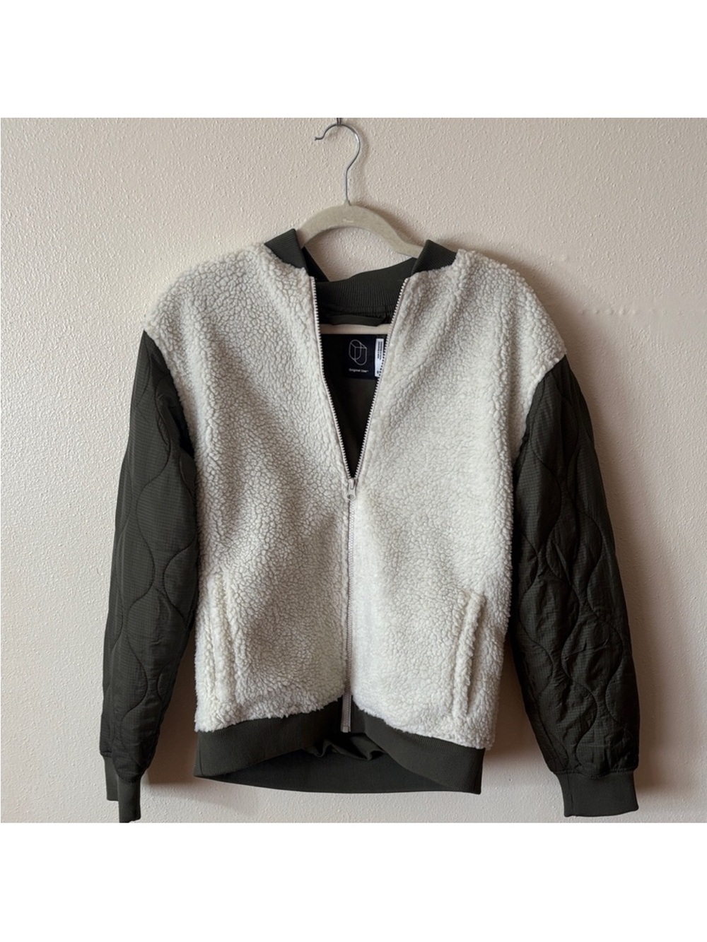 Original Use Cream Sherpa Bomber Jacket with Olive Quilted Sleeves